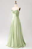 Dusty Sage A Line Cowl Neck Satin Long Prom Klänning med plisserad
