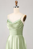 Dusty Sage A Line Cowl Neck Satin Long Prom Klänning med plisserad