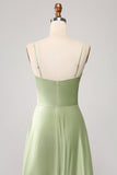 Dusty Sage A Line Cowl Neck Satin Long Prom Klänning med plisserad