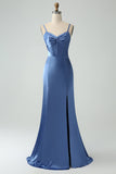 Grå Blå Mermaid Spaghetti Straps Lång Satin Brudtärneklänning med slits