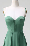 Eucalyptus A Line Spaghetti Straps Korsett Plisserad Satin Brudtärna Klänning