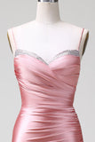 Rouge Mermaid Spaghetti Straps Satin Prom Klänning med slits