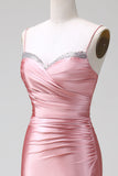 Rouge Mermaid Spaghetti Straps Satin Prom Klänning med slits