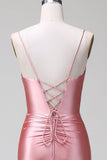 Rouge Mermaid Spaghetti Straps Satin Prom Klänning med slits