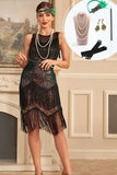 Glittrande Ombre Fransad Tiered 1920-tals Klänning med Accessoarer Set
