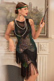 Glittrande Ombre Fransad Tiered 1920-tals Klänning med Accessoarer Set