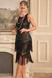 Glittrande Ombre Fransad Tiered 1920-tals Klänning med Accessoarer Set