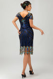 Glittrande Svart Blå Bodycon V-ringad 1920-tals Klänning Med Beading