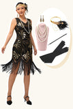 Svart Fransad Paljett Flapper 1920-talet Klänning med 5 Piece Accessory Set