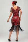 Paljett Fringed Scoop Neck Svart Röd 1920-talet Klänning med 5 Piece Accessory Set