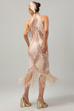 Champagne Paljett Halter Fringe 1920-tal Klänning med 5-delat Accessoarer Set