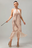 Champagne Paljett Halter Fringe 1920-tal Klänning med 5-delat Accessoarer Set