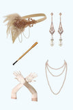 Champagne Paljett Halter Fringe 1920-tal Klänning med 5-delat Accessoarer Set