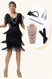 Svart V-ringad Bodycon Tiered Fringed Paljett 1920-tals Klänning Med 5-delat Tillbehörsset