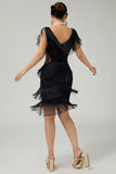Svart V-ringad Bodycon Tiered Fringed Paljett 1920-tals Klänning Med 5-delat Tillbehörsset