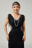 Svart V-ringad Bodycon Tiered Fringed Paljett 1920-tals Klänning Med 5-delat Tillbehörsset