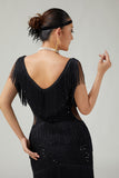 Svart V-ringad Bodycon Tiered Fringed Paljett 1920-tals Klänning Med 5-delat Tillbehörsset