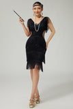 Svart V-ringad Bodycon Tiered Fringed Paljett 1920-tals Klänning Med 5-delat Tillbehörsset