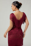 Bodycon Paljett Vinröd Tiered Fringed Paljett 1920-tals Klänning med 5-delat Tillbehörsset
