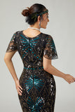 Svart Blå Paljett Bodycon Fransad 1920-tals Klänning med 5-Delat Tillbehörsset
