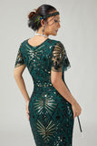Bodycon Paljett Mörkgrön 1920-talsklänning med fransar och 5-delat tillbehörsset