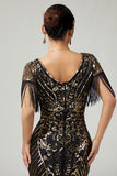 V-hals Bodycon Svart Gyllene Paljett Fransade 1920-tal Klänning med 5-delat Tillbehörsset