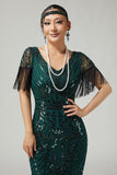Mörkgrön paljett Fringed Bodycon 1920-tals Klänning med 5-delat Tillbehörsset