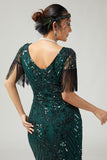 Mörkgrön paljett Fringed Bodycon 1920-tals Klänning med 5-delat Tillbehörsset
