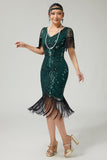 Mörkgrön paljett Fringed Bodycon 1920-tals Klänning med 5-delat Tillbehörsset