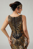 Svart Gyllene Paljett Bodycon Fransad 1920-talsklänning med 5-delat tillbehörsset