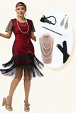 Svart Röd Fringed Bodycon Pärlstav 1920-talsklänning med 5-delat tillbehörsset