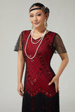 Svart Röd Fringed Bodycon Pärlstav 1920-talsklänning med 5-delat tillbehörsset