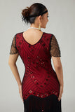 Svart Röd Fringed Bodycon Pärlstav 1920-talsklänning med 5-delat tillbehörsset