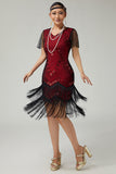 Svart Röd Fringed Bodycon Pärlstav 1920-talsklänning med 5-delat tillbehörsset