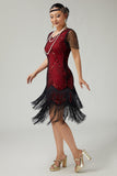 Svart Röd Fringed Bodycon Pärlstav 1920-talsklänning med 5-delat tillbehörsset
