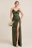 Oliv Fodral Satin Maxi Brudtärna Klänning med Slits