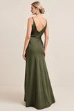 Oliv Fodral Satin Maxi Brudtärna Klänning med Slits