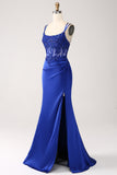 Royal Blue Mermaid Korsett Pärlstav Lång Balklänning med slits