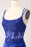Royal Blue Mermaid Korsett Pärlstav Lång Balklänning med slits