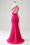 Glittrande sjöjungfru One Shoulder Fuchsia Paljetter Lång Balklänning med slits