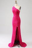 Glittrande sjöjungfru One Shoulder Fuchsia Paljetter Lång Balklänning med slits