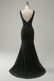 Mermaid Deep V Neck Black Lace Long Prom Dress med pärlor