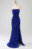 Royal Blue Mermaid Axelbandslösa Paljetter Lång Balklänning med slits