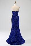 Royal Blue Mermaid Axelbandslösa Paljetter Lång Balklänning med slits