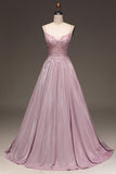 Glitter Spaghetti Straps Blush A-linje Korsett Balklänning med Beading