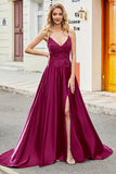 Fuchsia A Line Spaghetti Straps Lång Balklänning med applikationer