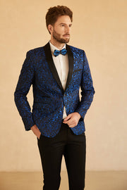 Blå Sjal Lapel Jacquard En Knapp Herrbal Kavaj
