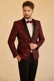 Röd Sjal Lapel Jacquard En Knapp Herrbal Kavaj
