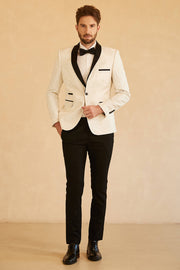 Vit Sjal Lapel Jacquard En Knapp Mäns Bal Kavaj