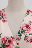 Rosa V Hals Blommönster Swing Vintage Klänning
